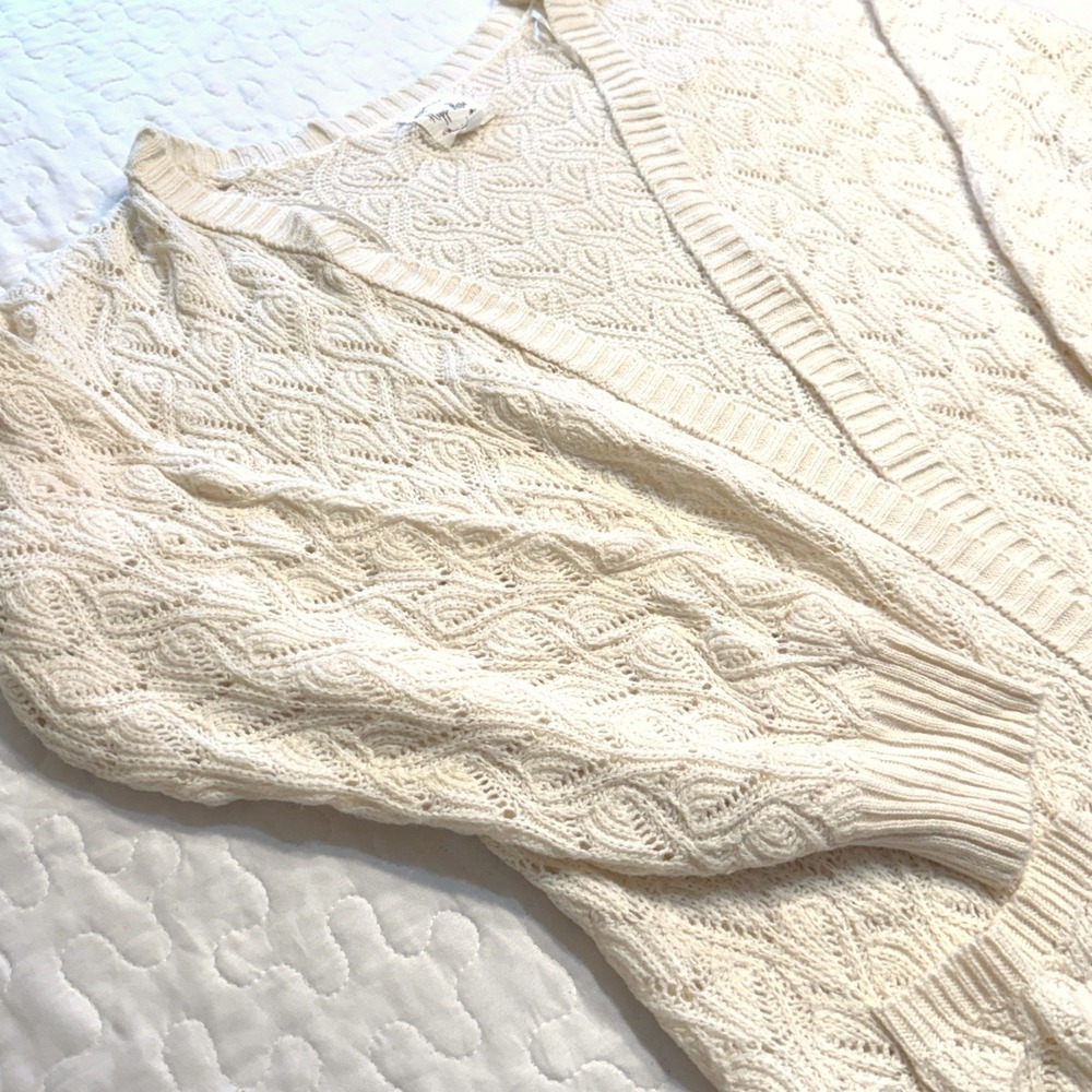 Women XL Cardigan Ivory Pointelle Cable Knit Pocket COTTAGE BOHO CASUAL GRANDMA
